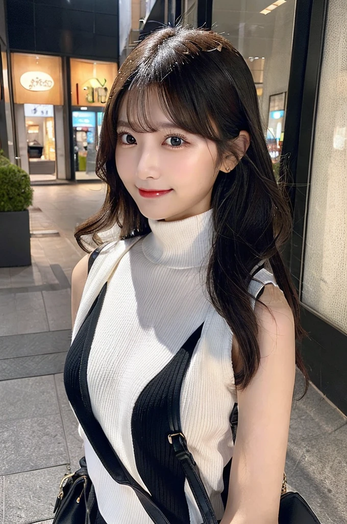 ((paisura))、Big Tits、(Carry the bag diagonally across your shoulder)、double eyelid、big 、Highest quality, shape, Very detailed, Fine details, High resolution, 8k, Perfect dynamic composition, Beautiful details, ,Natural color lip, A shy smile,Beautiful 20 year old woman、The only person, Correct posture、Cute type、Looking into the camera、Turtleneck Sleeveless、Black Hair