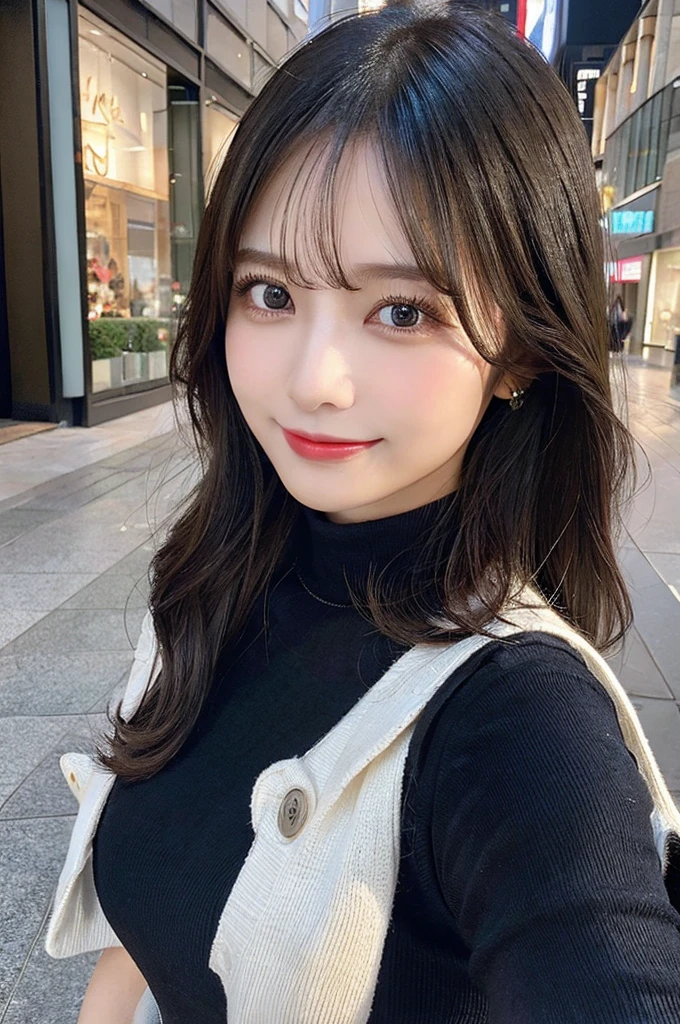 ((paisura))、Big Tits、(Carry the bag diagonally across your shoulder)、double eyelid、big 、Highest quality, shape, Very detailed, Fine details, High resolution, 8k, Perfect dynamic composition, Beautiful details, ,Natural color lip, A shy smile,Beautiful 20 year old woman、The only person, Correct posture、Cute type、Looking into the camera、Turtleneck Sleeveless、Black Hair