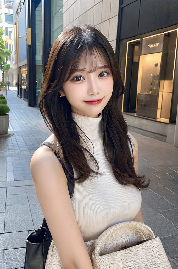 ((paisura))、Big Tits、(Carry the bag diagonally across your shoulder)、double eyelid、big 、Highest quality, shape, Very detailed, Fine details, High resolution, 8k, Perfect dynamic composition, Beautiful details, ,Natural color lip, A shy smile,Beautiful 20 year old woman、The only person, Correct posture、Cute type、Looking into the camera、Turtleneck Sleeveless、Black Hair