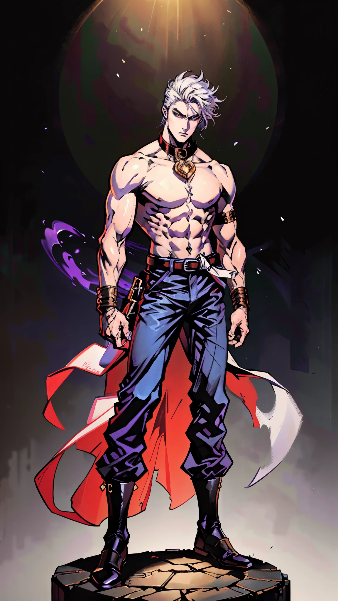 A young man with short gray hair, completely white skin, pale skin, resolute eyes, handsome face, serious expression, a metal collar around his neck, his upper body is bare, a slender yet muscular build, a purple demon tattoo is on his left shoulder, a black and white belt, cloth trousers, emitting a purple aura, he stands in a mining valley, the ground around him glowing red and cracking open, this character embodies a finely crafted fantasy-style slave warrior in anime style, exquisite and mature manga art style, dramatic, high definition, best quality, highres, ultra-detailed, ultra-fine painting, extremely delicate, professional, perfect body proportions, golden ratio, anatomically correct, symmetrical face, extremely detailed eyes and face, high quality eyes, creativity, RAW photo, UHD, 32k, Natural light, cinematic lighting, masterpiece-anatomy-perfect, masterpiece:1.5