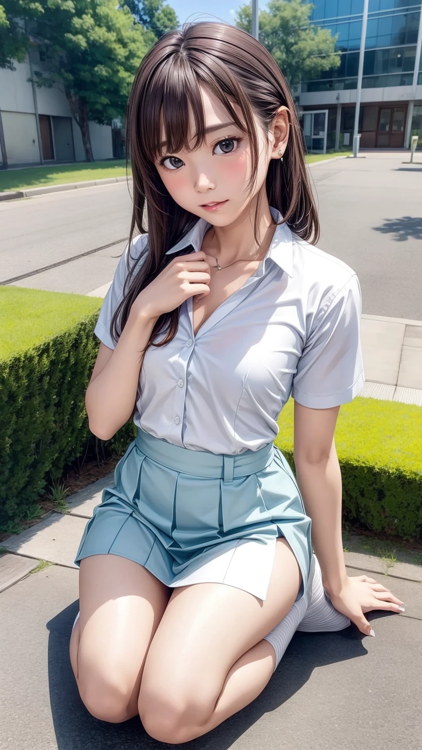 8K quality、High resolution、Realistic skin texture、High resolutionの瞳、A woman with a mature appearance、Japanese summer high school girls uniform、Unbutton the chest、Princess Hair、thin、Realistic Female Genitalia、Small breasts、Small breastsの谷間、Brown Hair、thin脚、Sweating profusely、Sweat accumulates in the chest、Evening schoolyard、Bare feet、Full body photography、Wet clothes、Leak a lot