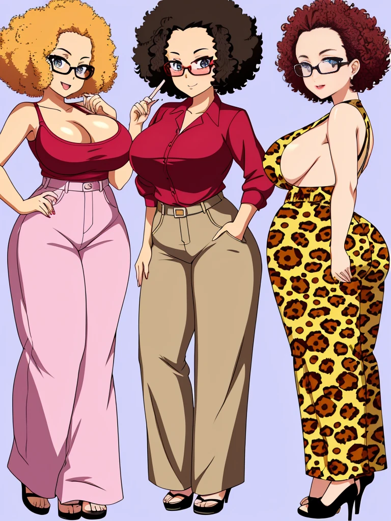 Anime Women, Highest quality:1.2),Detailed face, Lady、Glasses、Afro、Short Hair、Very short hair、Forehead、Curly hair、Big breasts through clothes, Big ass through clothes, whole, Leopard print jumpsuit、Wide-leg trousers