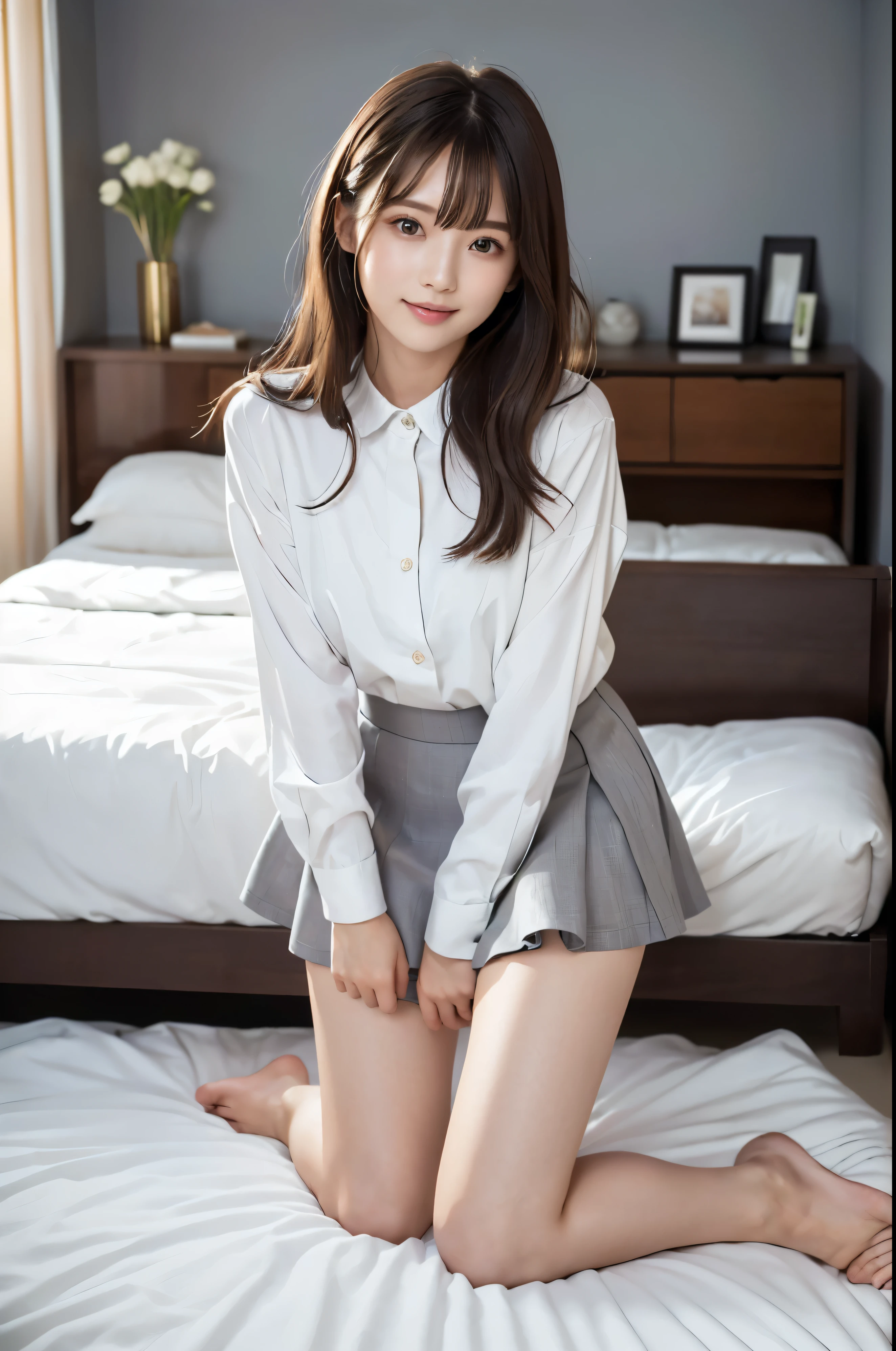 (Highest quality、masterpiece:1.9)、((Neat and clean female college student、1 person))、Soft lighting by a professional photographer、Natural light、((Very spacious white luxurious room:1.6))、((Bright white room:1.6))、(Sitting on a very luxurious white bed:1.2)、(White Bookcase:1.1)、Natural soft light、((Brown Hair:1.1))、Fair skin、Detailed Eyes、double eyelid、Slightly puffy cheeks、((Small Face:1.0))、((Checked one-piece shirt、Grey mini skirt、Please wear it with the chest open.:1.2))、(smile)、((Girly pose 1.8))、High resolution,、((Long Hair:1.2))、((Full Body Shot:1.2))、Live-action image quality、((Height: 150cm))、Hands in front、Hide your hands between your legs、(No bangs:1.1)、