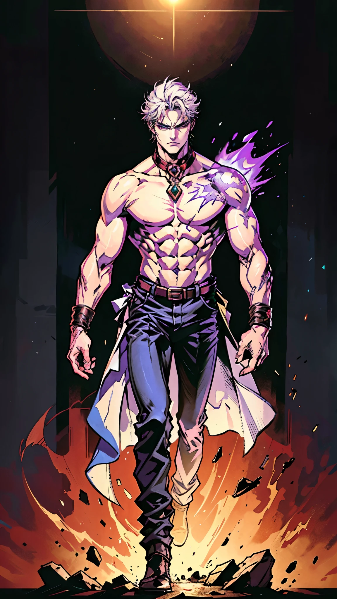 A young man with short gray hair, completely white skin, pale skin, resolute eyes, handsome face, serious expression, a metal collar around his neck, his upper body is bare, a slender yet muscular build, a purple demon tattoo is on his left shoulder, a black and white belt, cloth trousers, emitting a purple aura, he stands in a mining valley, the ground around him glowing red and cracking open, this character embodies a finely crafted fantasy-style slave warrior in anime style, exquisite and mature manga art style, dramatic, high definition, best quality, highres, ultra-detailed, ultra-fine painting, extremely delicate, professional, perfect body proportions, golden ratio, anatomically correct, symmetrical face, extremely detailed eyes and face, high quality eyes, creativity, RAW photo, UHD, 32k, Natural light, cinematic lighting, masterpiece-anatomy-perfect, masterpiece:1.5