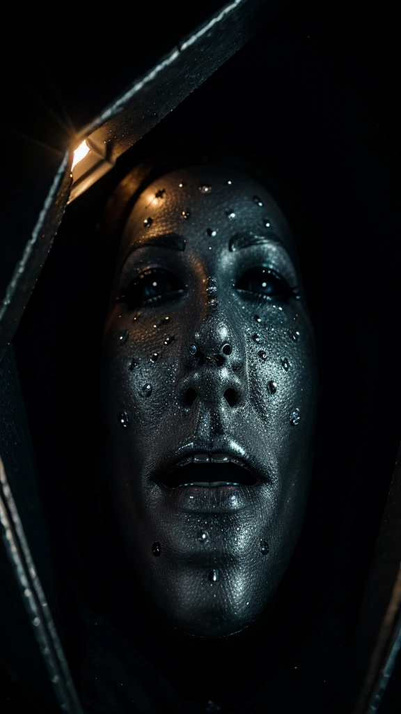 Horrifying dead women in coffin ,made of diamonds, studio light, dark background, photography