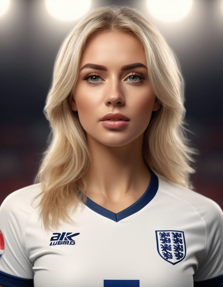 beautiful blonde woman wearing a tight England football shirt, intricate detailed face, beautiful detailed eyes, beautiful detailed lips, long eyelashes, muscular athletic figure, dynamic action pose, (best quality,4k,8k,highres,masterpiece:1.2),ultra-detailed,(realistic,photorealistic,photo-realistic:1.37),HDR,UHD,studio lighting,ultra-fine painting,sharp focus,physically-based rendering,extreme detail description,professional,vivid colors,bokeh,sports,football,portrait