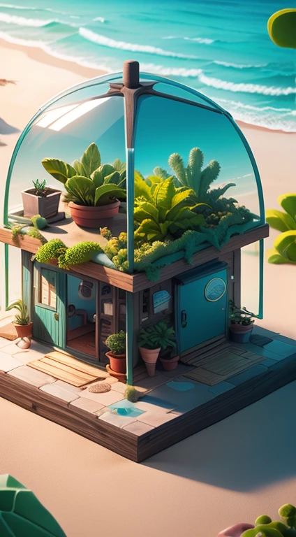 Isometric modern beach hut, glass, Sand, Shore, Ocean, cacti, Plants in pots
