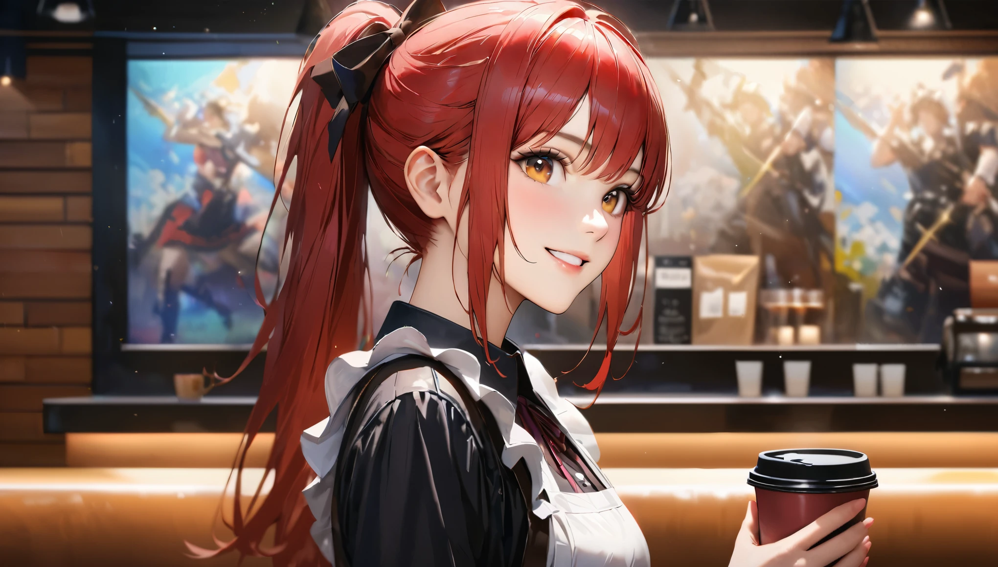 Coffee shop, Maid clothes,Carrying a coffee cup,Blur the background,High school girls,ponytail,smile,Glitter effect,Highest quality, 4K, 8k, High resolution, masterpiece:1.2, Very detailed, Realistic:1.37, High resolution, 超High resolution, Ultra-fine painting, Sharp focus, Physically Based Rendering, Very detailedな説明, Professional, Vibrant colors