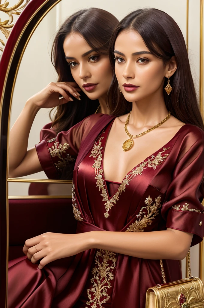 Deep red silk with a glossy finish intricate gold embroidery and small crystal appliques gold frame with a kiss lock short silk handle and a detachable gold chain strap interior with soft leather lining with a mirror pocket a women's purse