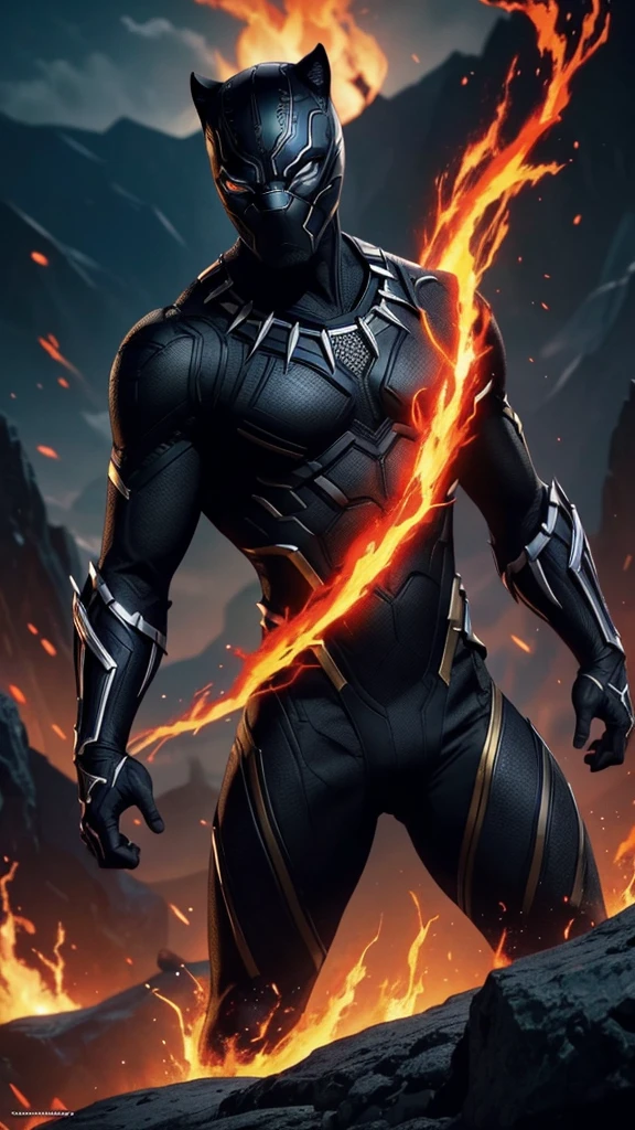 Black Panther God with handsome face, 1 character composition and beautiful scenery, depth of field, glowing red eyes, transformation state mode, extreme instinct, epic anime about energy people, fire , lava, epic anime artwork, concept art Black Panther universe concept, 8k manga wallpaper, detailed anime digital art, advanced digital anime art, artwork detailed anime, 8k anime full body