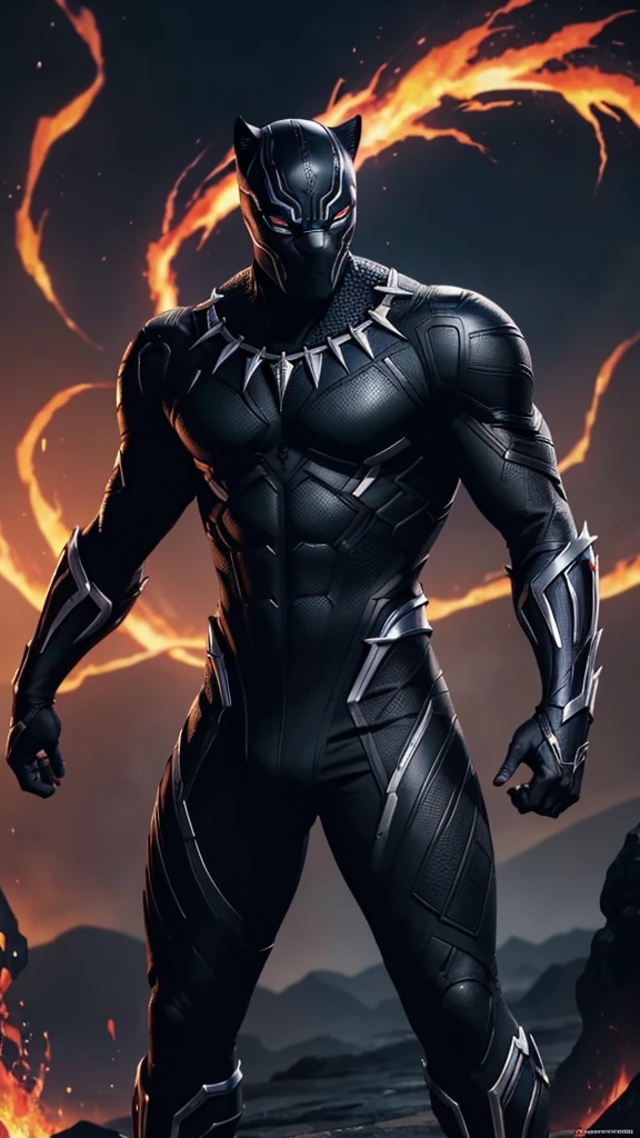 Black Panther God with handsome face, 1 character composition and beautiful scenery, depth of field, glowing red eyes, transformation state mode, extreme instinct, epic anime about energy people, fire , lava, epic anime artwork, concept art Black Panther universe concept, 8k manga wallpaper, detailed anime digital art, advanced digital anime art, artwork detailed anime, 8k anime full body 