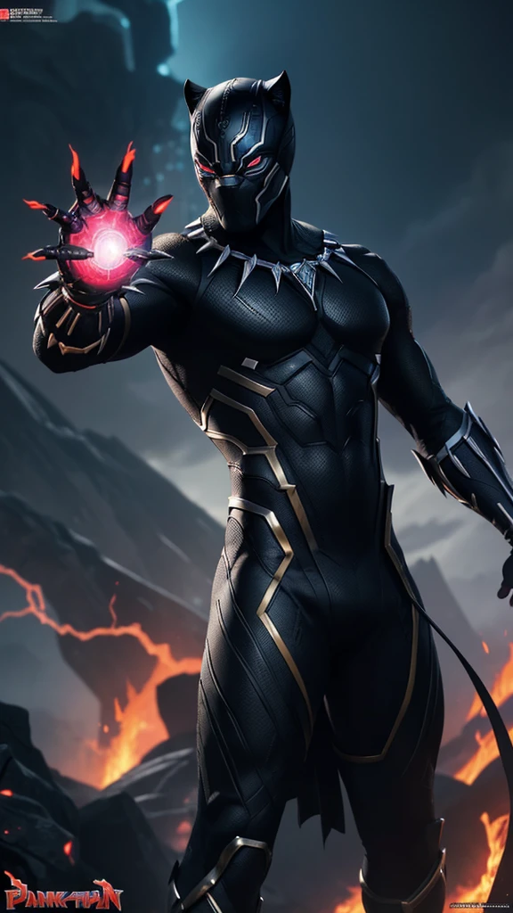 Black Panther God with handsome face, 1 character composition and beautiful scenery, depth of field, glowing red eyes, transformation state mode, extreme instinct, epic anime about energy people, fire , lava, epic anime artwork, concept art Black Panther universe concept, 8k manga wallpaper, detailed anime digital art, advanced digital anime art, artwork detailed anime, 8k anime full body 