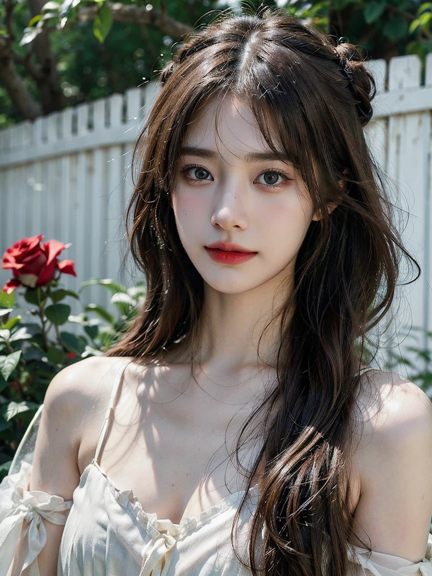 1girl, (looking at viewer:1.2), detail face, (a girl standing, rending on cgsociety, Rose bush backdrop), romanticism, atmospheric, (RAW photo, best quality), (realistic, photo-realistic:1.3), masterpiece, an extremely delicate and beautiful, extremely detailed, D cup，Cleavage，Translucent brown tube top 1.5）Hair in a bun，Small and delicate earrings，Exquisite eye details，Happy laughter 1.5