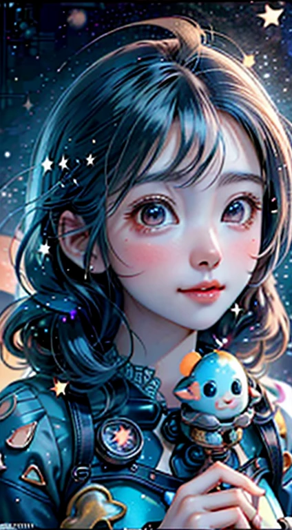 High detail, Super detailed, Ultra-high resolution, A girl having a good time in a dream galaxy, Surrounded by stars, The warm light that shines on her, The background is a starry sky with colorful galaxies and galactic clouds, The stars fly around her, Delicate face, Add a playful touch , 