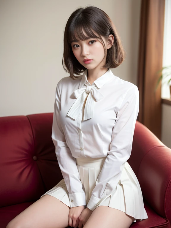 (masterpiece, best quality:1.4), 16k, , beautiful japanese girl,bery cute face,85mm, official art, raw photo, absurdres,close up, nice hands,perfect hands,perfect fingers, violaceaess, gardeniass,bob cut,(small breasts:1.4),(very red blush:1.3),BREAK,very sad face,BREAK,slender body,thin legs,film grain, chromatic, sharp focus, facelight, clear lighting,detailed face, bokeh background,(ultra detailed business collar white blouse:1.5),(white bowtie blouse:1.4),(long sleeve:1.4),(ultra detailed white pleated miniskirt:1.5),in the room,(shot above the knee:1.6),(sitting on the sofa:1.5),(legs spread:1.4)、(put hand between crotch:1.5),(The best beautiful girl:1.5), (super cute:1.5), detailed face, front shot,in the room,cum on skirt