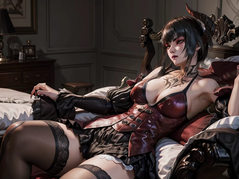 Eliza from Tekken sitting on the edge of the bed caressing the face of a boy who is sleeping in the bed