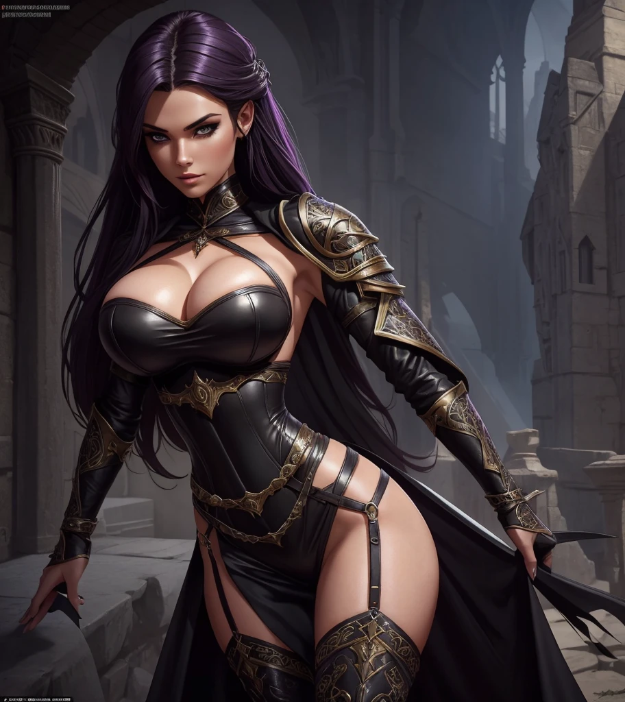 (((Solo character image.))) (((Generate a single character image.)))  (((Dressed in medieval fantasy attire.)))  (((Create a captivating and enigmatic female warrior reminiscent of sexy glamor models.))) 18 years old. 18yo. This is a fantasy character portrait. (((She looks amazing.))) (((She looks very sexually aggressive.))) Design a dangerous and sleek female mercenary for a fantasy setting.  This is a ruthless mercenary who is dark and sneaky.  She looks like a femme fatale in leather clothes.  The clothes are black with purple trim and she has a darkly attractive  appearance.  (((The colors in the image are dark and muted.))) Her hair is long and white and in an exotic style. She is powerful, dangerous and a slender and sleek figure in a dark fantasy setting.  Firm breasts.  Alluring appearance.  Seductive.  Dangerously sexy. She wears form-fitting armor, gorgeous face, Dungeons & Dragons character portrait, intricate details, ultra detailed, very intense appearance, ultra detailed clothes, epic masterpiece, ultra detailed, intricate details, award winning, fantasy art concept masterpiece, trending on Artstation, digital art, unreal engine, 8k, ultra HD, centered image, 
