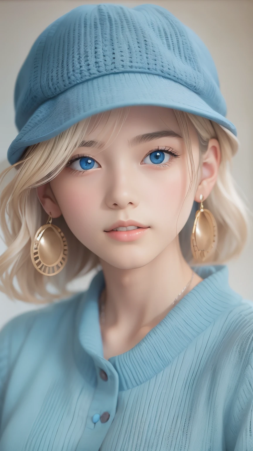 Portrait of a blonde girl in a blue hat and a blue shirt , earrings, necklace