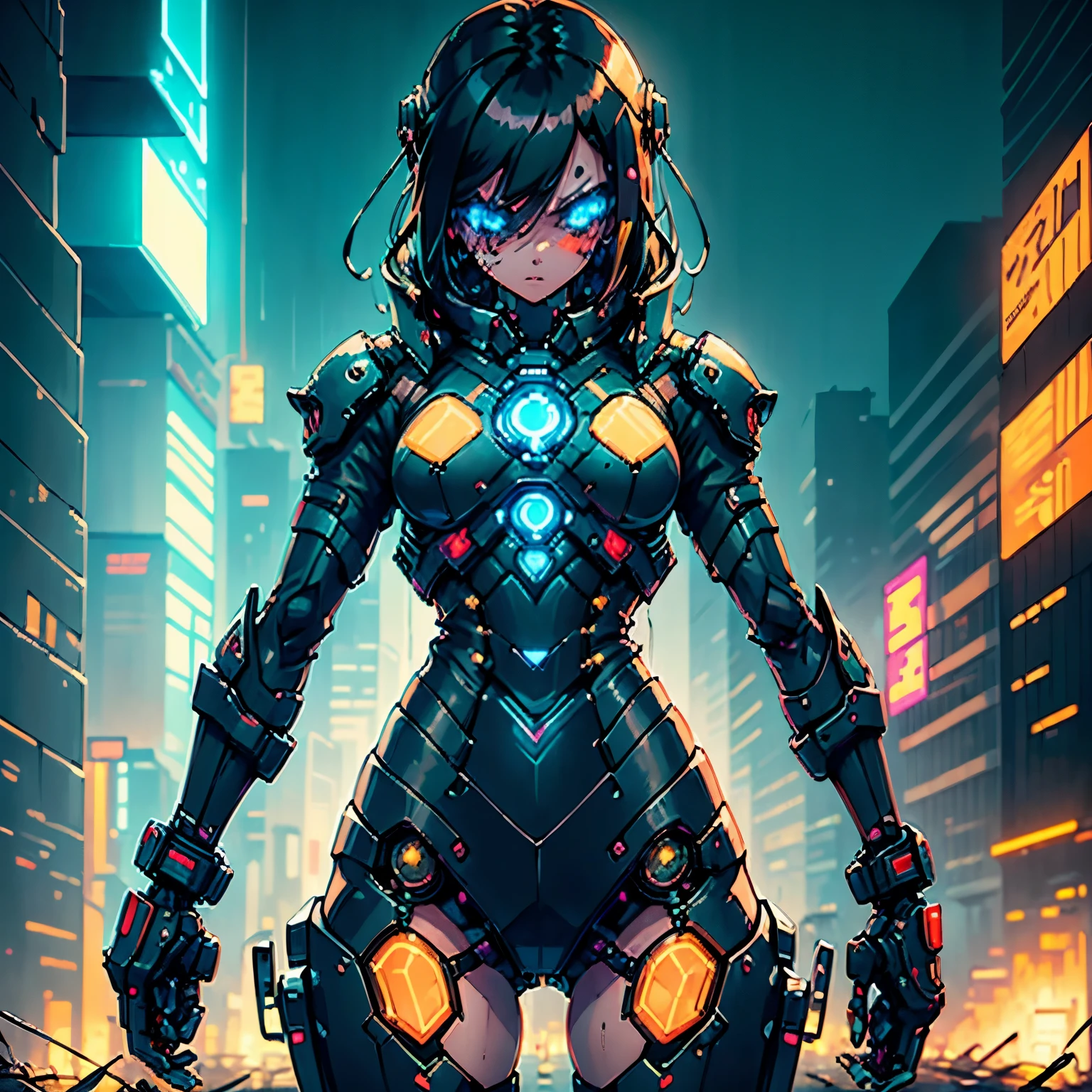 Amidst the rain-soaked, neon-lit streets of a cyberpunk city, a young girl stands alone. Her short, raven-black hair clings to her pale face, highlighting her sorrowful eyes. A sleek mechanical arm glints under the streetlights, and her legs, both cybernetic, hum softly with each movement. Clad in a worn leather jacket with LED patches, she grips a rusted pendant tightly. Rain mingles with her silent tears as she gazes into the distance, a lonely figure in a dystopian world.