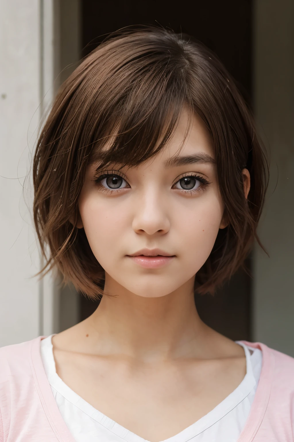 Young girl, mid-teen, brown short hair with white ombre, pink eyes, anime style