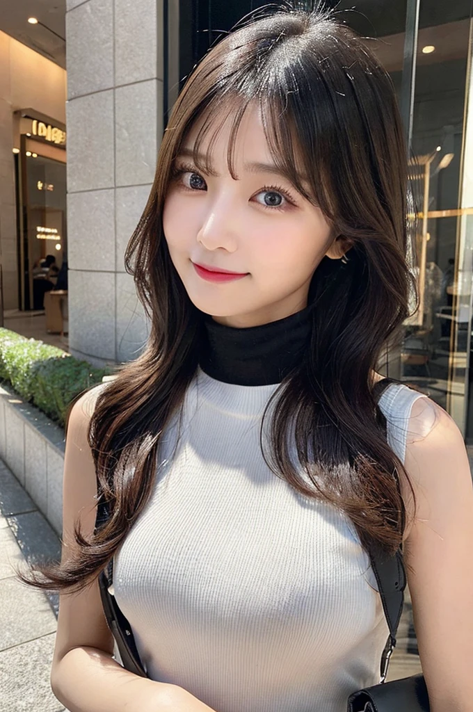 ((paisura))、Big Tits、(Carry the bag diagonally across your shoulder)、double eyelid、big 、Highest quality, shape, Very detailed, Fine details, High resolution, 8k, Perfect dynamic composition, Beautiful details, ,Natural color lip, A shy smile,Beautiful 20 year old woman、The only person, Correct posture、Cute type、Looking into the camera、Turtleneck Sleeveless、Black Hair
