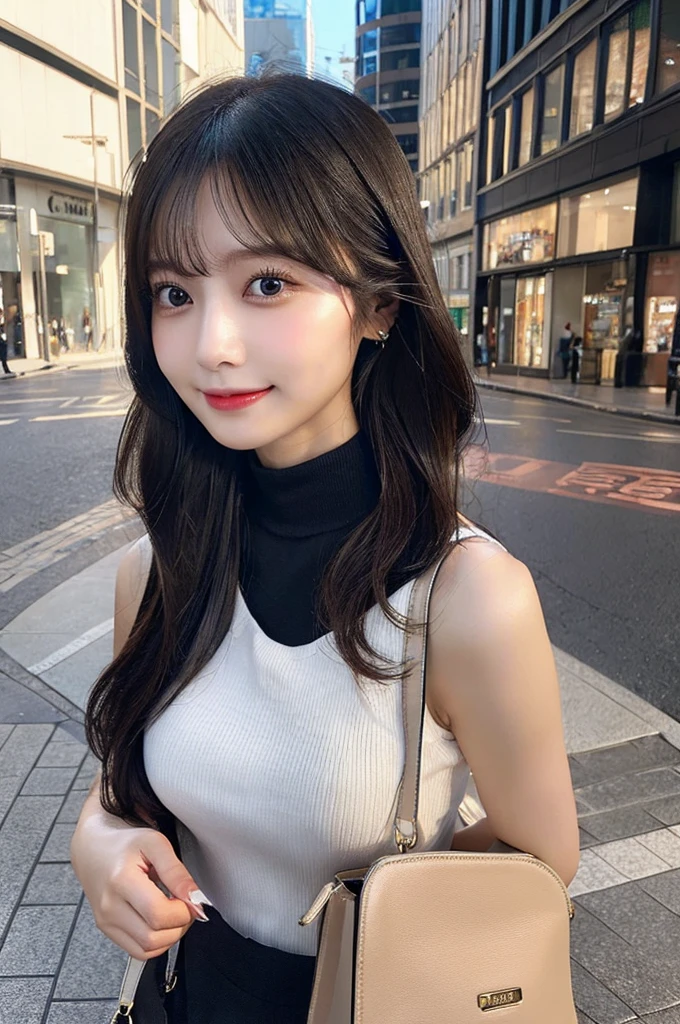 ((paisura))、Big Tits、(Carry the bag diagonally across your shoulder)、double eyelid、big 、Highest quality, shape, Very detailed, Fine details, High resolution, 8k, Perfect dynamic composition, Beautiful details, ,Natural color lip, A shy smile,Beautiful 20 year old woman、The only person, Correct posture、Cute type、Looking into the camera、Turtleneck Sleeveless、Black Hair