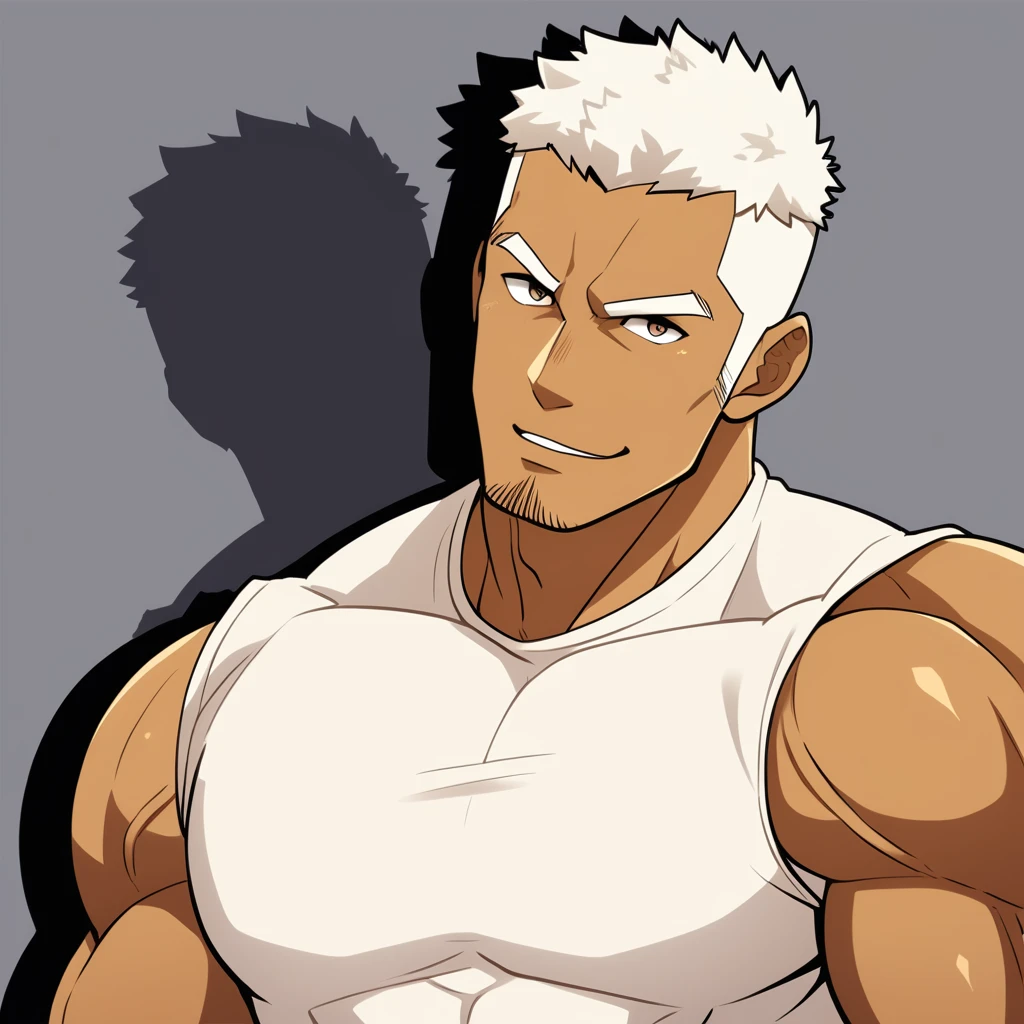 negro,negro,negro,anime characters:Gyee, Fitness coach, negro black skin, 1 muscular tough guy, Manliness, male focus, Cream White Sleeveless Tight T-Shirt, Very tight, The pectoral muscles are oversized, Slightly transparent, muscular male, muscular, only, Upper body, alone, White short hair, Thick eyebrows, stubble, Brown eyes, Grey background, simple background, amazing quality, best aesthetics, Ridiculous, bright pupils, crew cut, parted lips, seductive smile, torogao, naughty face, drop shadow, best quality