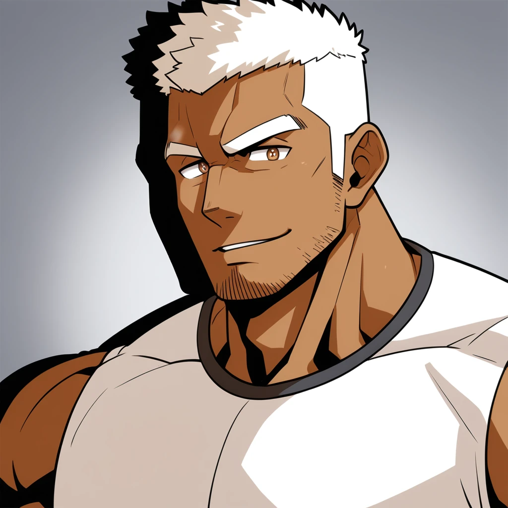 negro,negro,negro,anime characters:Gyee, Fitness coach, negro black skin, 1 muscular tough guy, Manliness, male focus, Cream White Sleeveless Tight T-Shirt, Very tight, The pectoral muscles are oversized, Slightly transparent, muscular male, muscular, only, Upper body, alone, White short hair, Thick eyebrows, stubble, Brown eyes, Grey background, simple background, amazing quality, best aesthetics, Ridiculous, bright pupils, crew cut, parted lips, seductive smile, torogao, naughty face, drop shadow, best quality