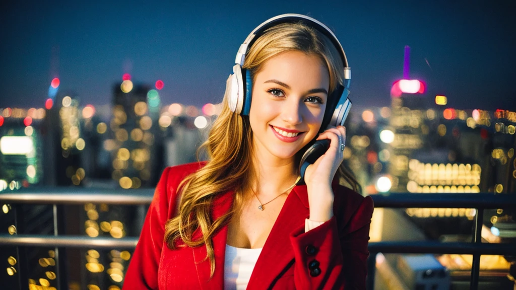 Beautiful blonde with big breasts in a red suit (Big city at night、Rooftop、Sparkling scenery),Wearing headphones,Very detailed, 21 years old, Innocent face, Naturally Wavy Hair, blue eyes, High resolution, masterpiece, Highest quality, Intricate details, Very detailed, Clear focus, Delicate skin, practical skin texture, texture, Delicate eyes, Professional, 4K, Cute Smile, Shot with Canon, 85mm, Shallow and deep,  Kodak Vision Color, Exactly, Very detailed, photograph_\(Extremist\), photographpractical, practical, Post-processing, Maximum details, Roughness, Real Life, Extremist practical, Photorealism, photographgraphy, 8K Ultra HD, photographgraphy