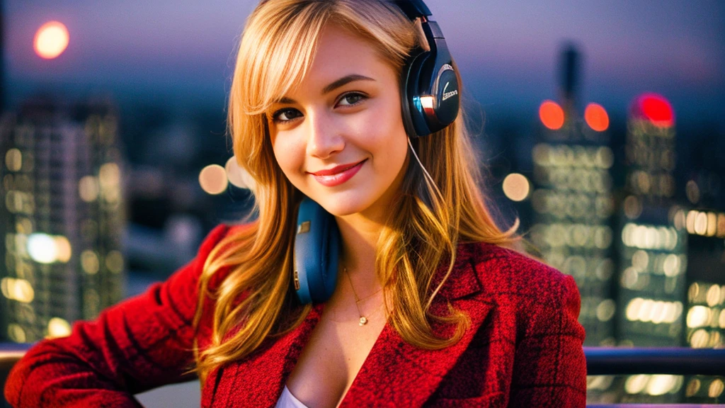 Beautiful blonde with big breasts in a red suit (Big city at night、Rooftop、Sparkling scenery),Wearing headphones,Very detailed, 21 years old, Innocent face, Naturally Wavy Hair, blue eyes, High resolution, masterpiece, Highest quality, Intricate details, Very detailed, Clear focus, Delicate skin, practical skin texture, texture, Delicate eyes, Professional, 4K, Cute Smile, Shot with Canon, 85mm, Shallow and deep,  Kodak Vision Color, Exactly, Very detailed, photograph_\(Extremist\), photographpractical, practical, Post-processing, Maximum details, Roughness, Real Life, Extremist practical, Photorealism, photographgraphy, 8K Ultra HD, photographgraphy