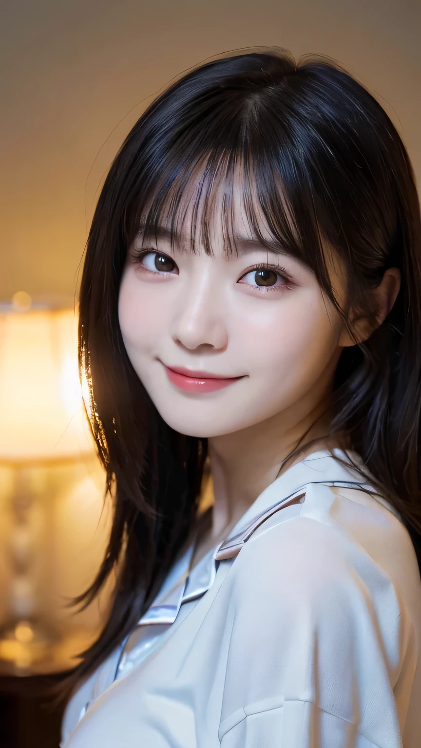 (Highest quality,masterpiece:1.3,Ultra-high resolution),(Very detailed,Caustics,16K),(Realistic:1.4,RAW shooting),Ultra-Realistic Capture,Human skin close-up,Natural skin texture,The pores are detailed enough to be easily identified,Healthy Skin and Even Tone,Use natural light and color,18-year-old,Japanese,cute,Long black hair,I'm looking at the camera with a smile on my face,Big Breasts,Waist up shot,(Face Focus:1.2),(Face close-up:1.2),(Low position:1.3),(Low Angle:1.3),(Night bets),Lens flare,On the bed、In pajamas、Wearing pajamas