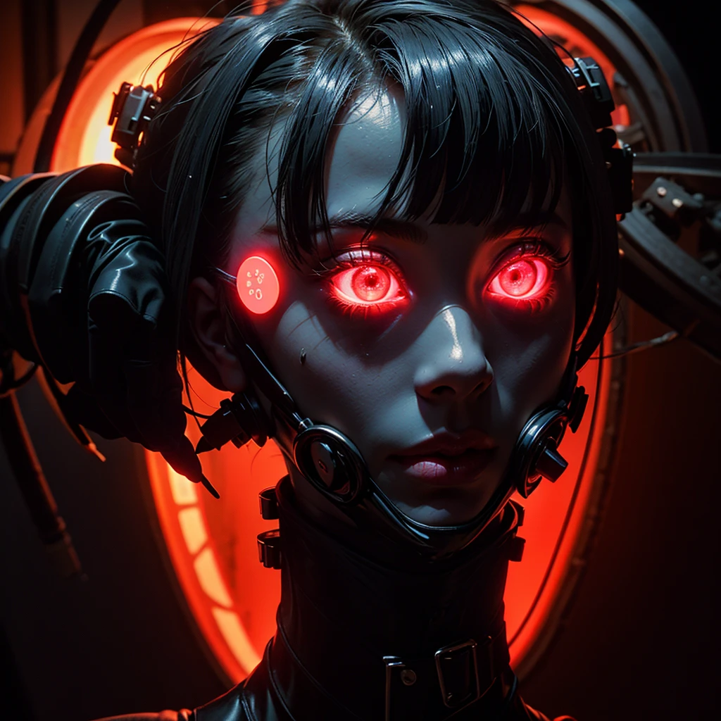 a very beautiful and very thin girl, wears black underwear with tights and latex face mask. Dark room with only red neon lighting. viele Details, extremely realistic. good quality, 8k