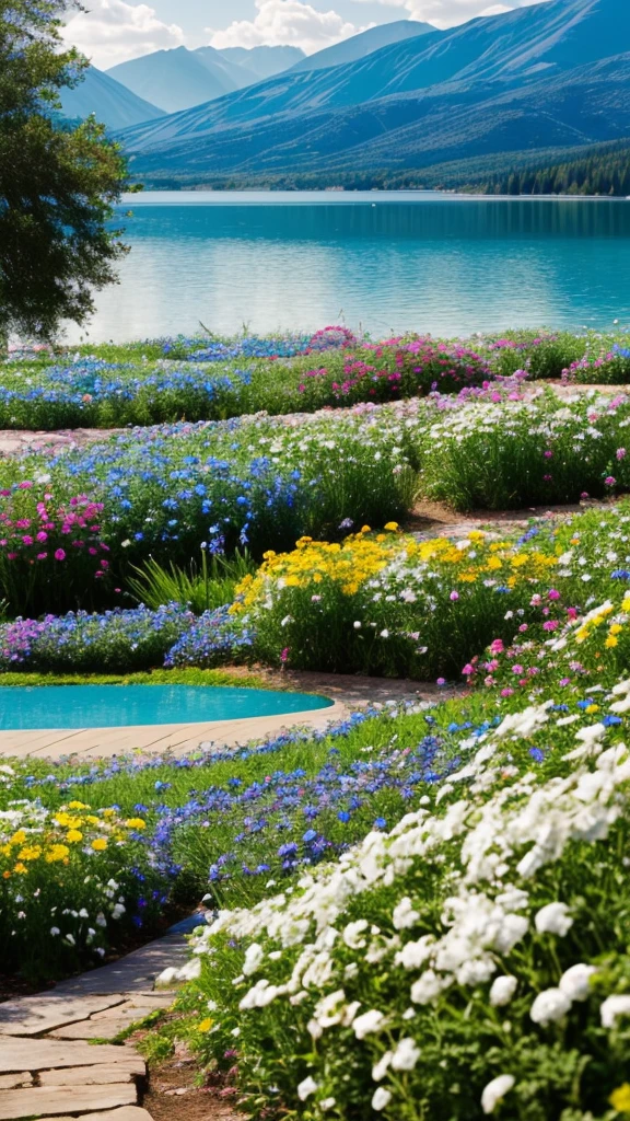 A serene blend of white, blue, and colorful flowers intertwined with the beauty of nature.