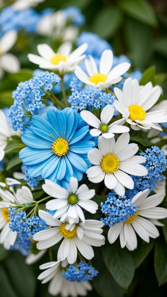 A serene blend of white, blue, and colorful flowers intertwined with the beauty of nature.