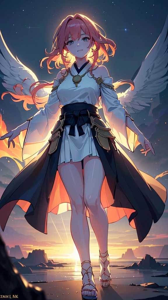 ((((high fantasy fantasy, magic, flames, armor:1, high heels:1, long hair:1, flowing dress:1, flowing cloak:1, fire:1, aurora borealis:1)), 1girl, standing, facing viewer, (medallion:1, pendant:1), (wings:1), (fire in hands:1), (smiling), pink hair, green eyes, pale skin, ((ultra detailed eyes:0.7, beautiful and detailed face, detailed eyes:0.9))), ((centered)), (wide shot), facing viewer, (((outdoors, darkness, falling stars:0.9))), medium breasts, looking at viewer, ((half closed eyes)), ((perfect hands)), (((head:1, arms, hips in view, elbows, thighs, in view))), ((hands at sides)), lively eyes, beautiful lighting, outside, outdoors, background, ((defined subject)), 25 years old, (head tilt), (((cool))), ((lively)), (((high contrast))), BREAK,((4k resolution)),((high quailty lens)),((lens ISO f4.5)),((effect blurred rim +5)),((Eliminates Chromatic Aberration)),((Enable Canon lens correction)),BREAK,((best graphics model)),((Bright balance and soft ratio)), ((moderate dark balance)),((dark area 30%)),((((contrast 10%)), BREAK,((ratio sun beam 60%)),((Sky light 10%)),BREAK,((of the highest quality, 8K,Raw photo)),Japanese style colors, Soft-beam light, afternoon light,BREAK,((Fixed Finger, Hand))