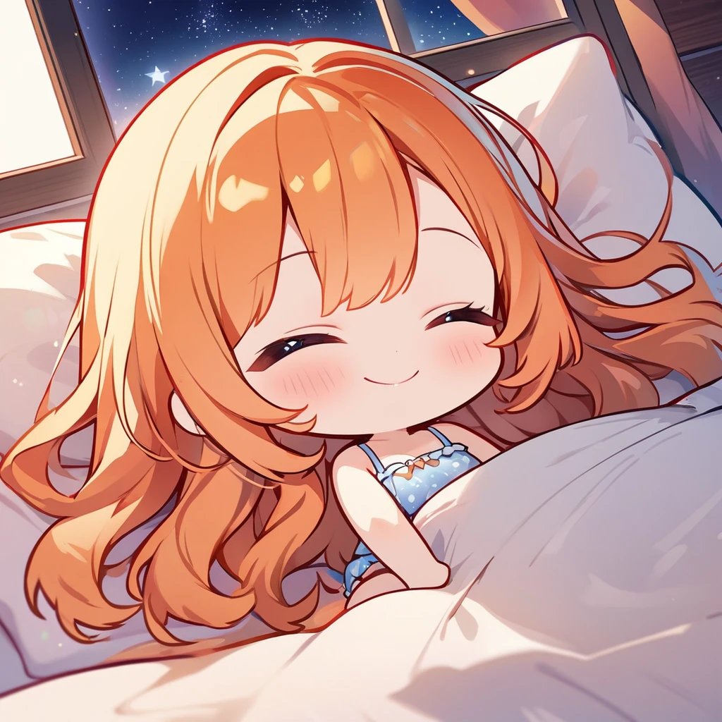 masterpiece、Highest quality、Depth of subject、2D illustration、1 beautiful girl、solo, (((chibi style)))、cute chibi, lovely chibi, ((night)), ((window)), ((starry sky)), Long, beautiful hair、Shiny orange hair、cute、Beautifully detailed eyes、((mini skirt))、((colorful))、Camisole dress、((happy smile))、sleeping on bed, ((close up shot))、((Asleep in bed)), ((in the room))、((There's a lot of pink around))、((closed eyes))、Thighs、((vivid color))、sparkle、((Lens flare))、