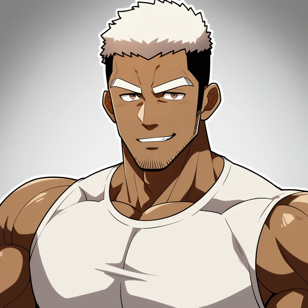 Young negro,anime characters:Gyee, Fitness coach, negro black skin, 1 muscular tough guy, Manliness, male focus, Cream White Sleeveless Tight T-Shirt, Very tight, The pectoral muscles are oversized, Slightly transparent, muscular male, muscular, only, Upper body, alone, White short hair, Thick eyebrows, stubble, Brown eyes, Grey background, simple background, amazing quality, best aesthetics, Ridiculous, bright pupils, crew cut, parted lips, seductive smile, torogao, naughty face, drop shadow, best quality
