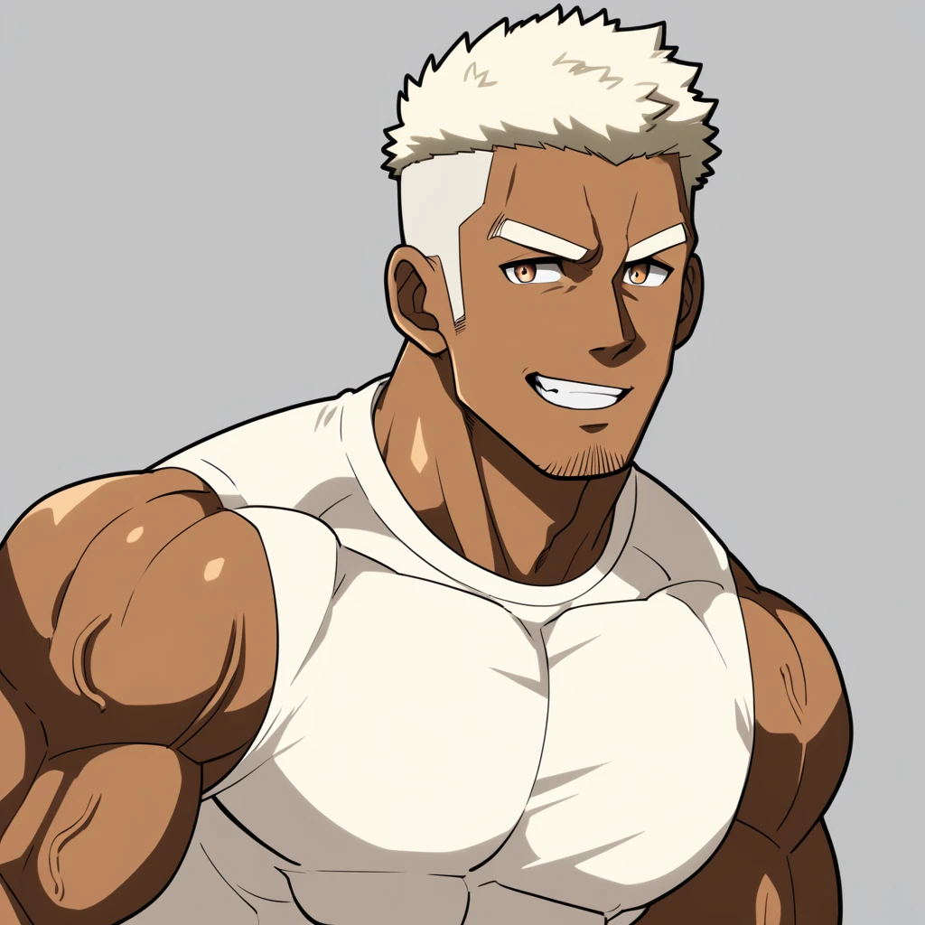 Young negro，anime characters：Gyee, Fitness coach, negro black skin, 1 muscular tough guy, Manliness, male focus, Cream White Sleeveless Tight T-Shirt, Very tight, The pectoral muscles are oversized, Slightly transparent, muscular male, muscular, only, Upper body, alone, White short hair, Thick eyebrows, stubble, Brown eyes, Grey background, simple background, amazing quality, best aesthetics, Ridiculous, bright pupils, crew cut, parted lips, seductive smile, torogao, naughty face, drop shadow, best quality
