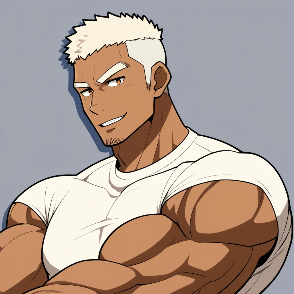 Young negro，anime characters：Gyee, Fitness coach, negro black skin, 1 muscular tough guy, Manliness, male focus, Cream White Sleeveless Tight T-Shirt, Very tight, The pectoral muscles are oversized, Slightly transparent, muscular male, muscular, only, Upper body, alone, White short hair, Thick eyebrows, stubble, Brown eyes, Grey background, simple background, amazing quality, best aesthetics, Ridiculous, bright pupils, crew cut, parted lips, seductive smile, torogao, naughty face, drop shadow, best quality