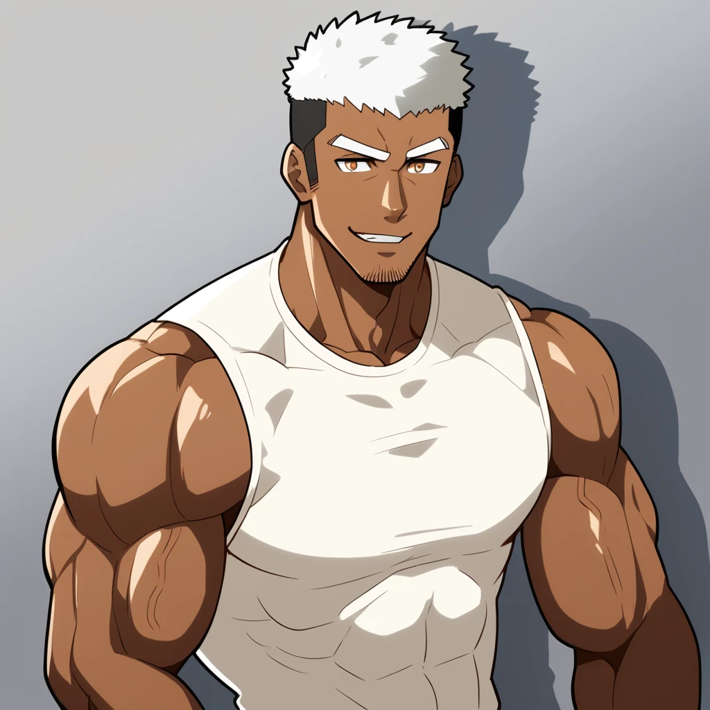 Young negro,anime characters:Gyee, Fitness coach, ????? black skin, 1 muscular tough guy, Manliness, male focus, Cream White Sleeveless Tight T-Shirt, Very tight, The pectoral muscles are oversized, Slightly transparent, muscular male, muscular, only, Upper body, alone, White short hair, Thick eyebrows, stubble, Brown eyes, Grey background, simple background, amazing quality, best aesthetics, Ridiculous, bright pupils, crew cut, parted lips, seductive smile, torogao, naughty face, drop shadow, best quality
