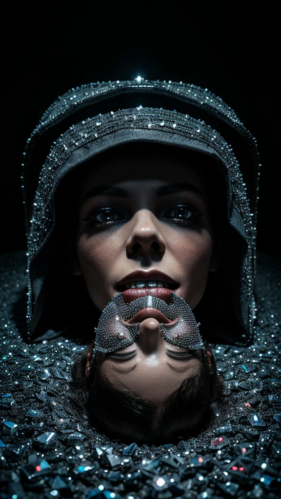 Horrifying dead women in coffin ,made of diamonds, studio light, dark background, photography