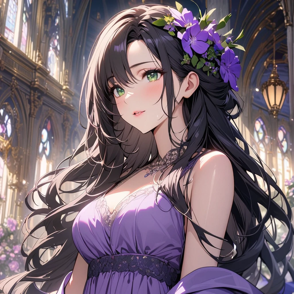 girl, beautifull, pretty, long hair, mature woman, beautiful purple dress, black hair, green eyes, super detail, flower on hair, gorgeous, beautiful backround, angel, beautiful eye,
