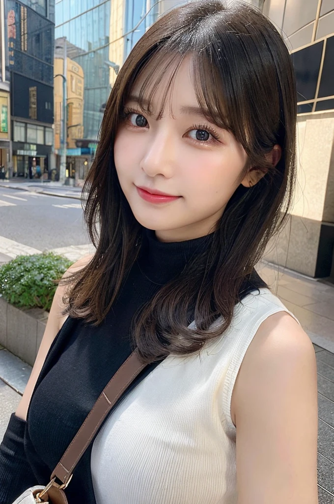 ((paisura))、Big Tits、(Carry the bag diagonally across your shoulder)、double eyelid、big 、Highest quality, shape, Very detailed, Fine details, High resolution, 8k, Perfect dynamic composition, Beautiful details, ,Natural color lip, A shy smile,Beautiful 20 year old woman、The only person, Correct posture、Cute type、Looking into the camera、Turtleneck Sleeveless、Black Hair