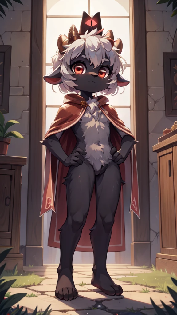 Furry shota, Lamb, "Cult of the lamb", red eyes, clear black body fur, black nose, small horns, white hair, spiky hairstyle, short hair, full body, detailed body fur, detailed body, detailed eyes, glistering body, shiny body, gorgeous body, masterpiece, feets whit three toes, ((crown, red cloak)), standing, hands on hips,