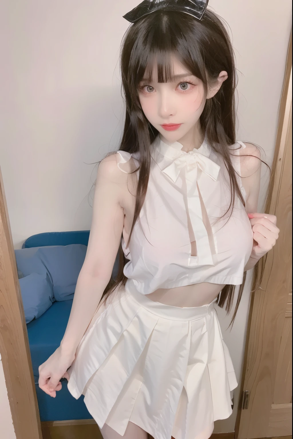 Beautiful woman with perfect body:1.4,Layered Hairstyle,Highly detailed face and skin textures,Double eyelids,Skin Whitening,Long hair,Whitened long legs,(Uniforms,Super short pleated skirt,Collar),Standing by the sea