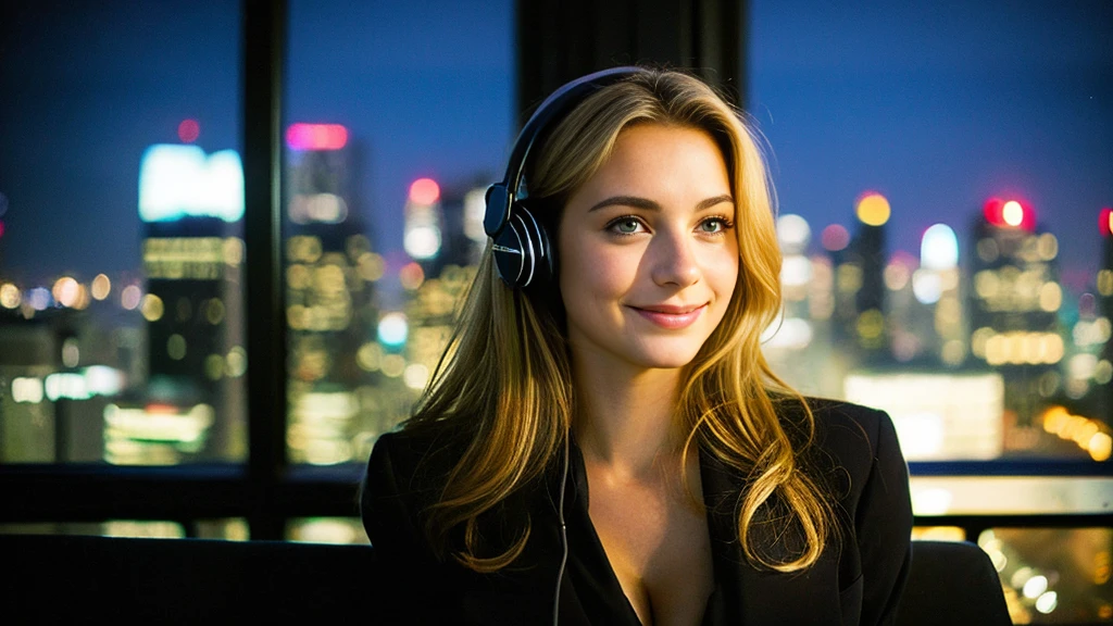 Beautiful blonde with big breasts in a black suit (Big city at night、View of the big city from inside the room),Wearing headphones,Very detailed, 21 years old, Innocent face, Naturally Wavy Hair, blue eyes, High resolution, masterpiece, Highest quality, Intricate details, Very detailed, Clear focus, Delicate skin, practical skin texture, texture, Delicate eyes, Professional, 4K, Cute Smile, Shot with Canon, 85mm, Shallow and deep, Kodak Vision Color, Exactly, Very detailed, photograph_\(Extremist\), photographpractical, practical, Post-processing, Maximum details, Roughness, Real Life, Extremist practical, Photorealism, photographgraphy, 8K Ultra HD, photographgraphy