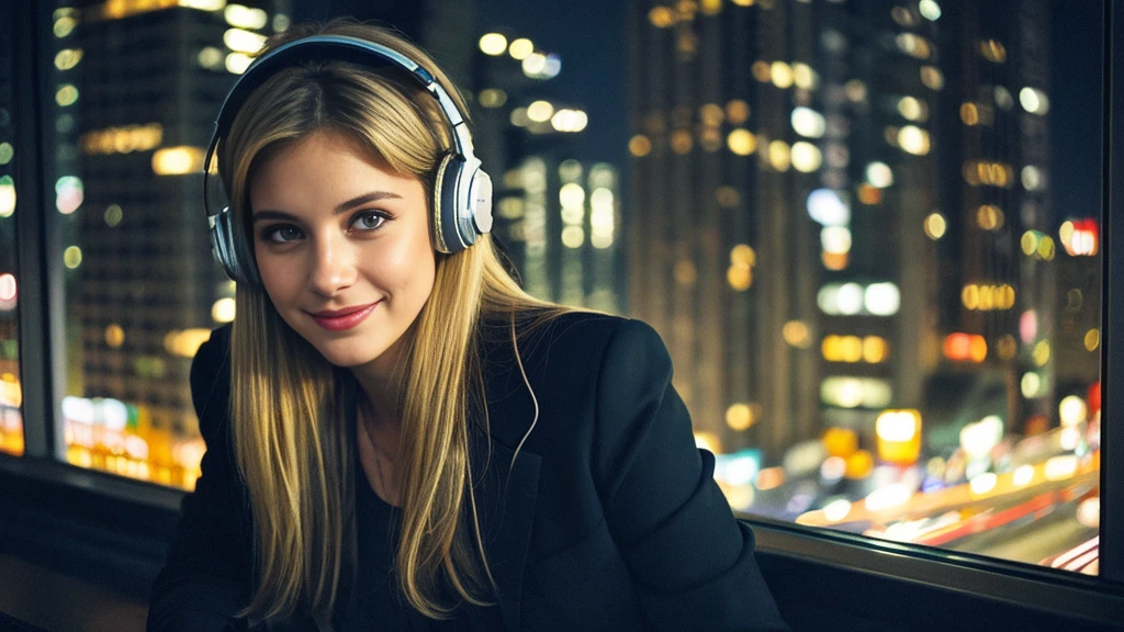 Beautiful blonde with in a black suit (Big city at night、View of the big city from inside the room),Wearing headphones,Very detailed, 21 years old, Innocent face, Naturally Wavy Hair, blue eyes, High resolution, masterpiece, Highest quality, Intricate details, Very detailed, Clear focus, Delicate skin, practical skin texture, texture, Delicate eyes, Professional, 4K, Cute Smile, Shot with Canon, 85mm, Shallow and deep, Kodak Vision Color, Exactly, Very detailed, photograph_\(Extremist\), photographpractical, practical, Post-processing, Maximum details, Roughness, Real Life, Extremist practical, Photorealism, photographgraphy, 8K Ultra HD, photographgraphy