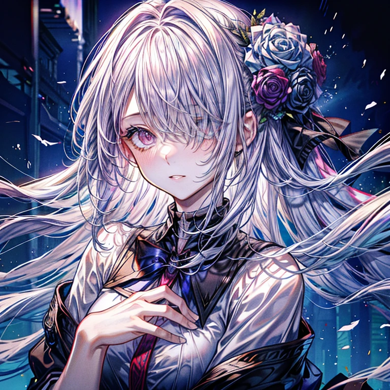 (best quality, Detailed background, high resolution, absurd, bloom, disheveled hair, shiny hair, Exposure to light, smart student, Focused and meticulous eyes),
1 Girl, earpiece, long hair, silver hair, Large target_breast, Put your hands behind your back, daytime, outdoor, forest, water, Creek,
hair_Decorations, (hair over one eye), Upper Body, portrait,