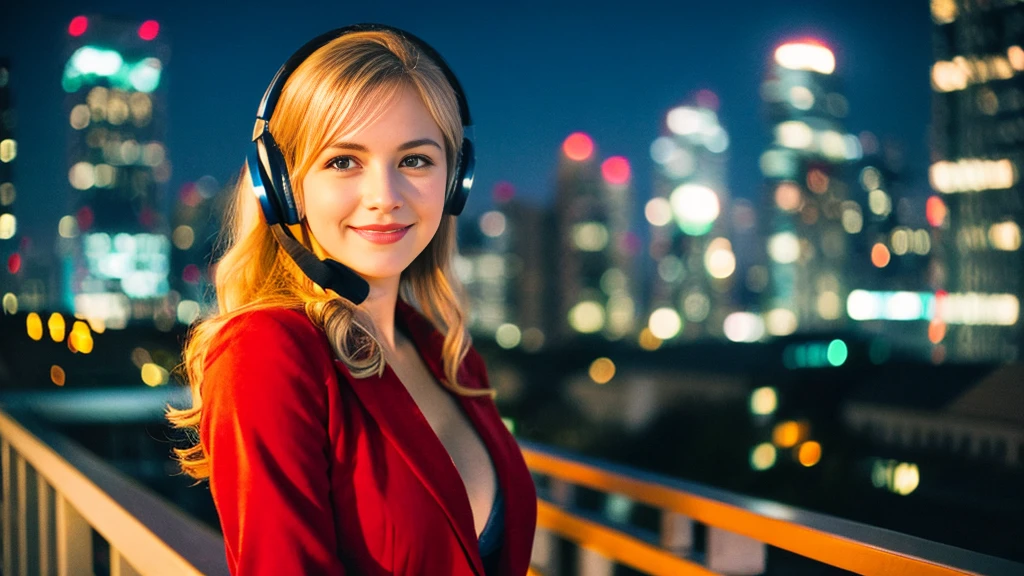 Beautiful blonde with big breasts in a red suit (Big city at night、Rooftop、Sparkling scenery),Wearing headphones,Very detailed, 21 years old, Innocent face, Naturally Wavy Hair, blue eyes, High resolution, masterpiece, Highest quality, Intricate details, Very detailed, Clear focus, Delicate skin, practical skin texture, texture, Delicate eyes, Professional, 4K, Cute Smile, Shot with Canon, 85mm, Shallow and deep,  Kodak Vision Color, Exactly, Very detailed, photograph_\(Extremist\), photographpractical, practical, Post-processing, Maximum details, Roughness, Real Life, Extremist practical, Photorealism, photographgraphy, 8K Ultra HD, photographgraphy