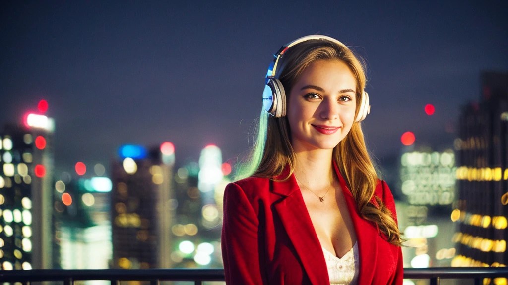 Beautiful blonde with big breasts in a red suit (Big city at night、Rooftop、Sparkling scenery),Wearing headphones,Very detailed, 21 years old, Innocent face, Naturally Wavy Hair, blue eyes, High resolution, masterpiece, Highest quality, Intricate details, Very detailed, Clear focus, Delicate skin, practical skin texture, texture, Delicate eyes, Professional, 4K, Cute Smile, Shot with Canon, 85mm, Shallow and deep, Kodak Vision Color, Exactly, Very detailed, photograph_\(Extremist\), photographpractical, practical, Post-processing, Maximum details, Roughness, Real Life, Extremist practical, Photorealism, photographgraphy, 8K Ultra HD, photographgraphy